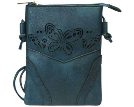 Chic blue PU shoulder bag with butterfly design, zip closure, spacious interior, and adjustable strap for versatile wear.