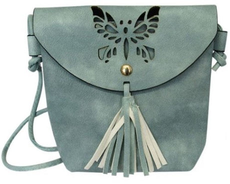 Soft light blue shoulder bag with cut-out butterfly design, tassel, zip closure, and back pocket for easy access.