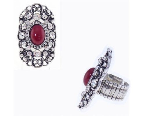Oval Antique Silver Filigree Ring with a stunning red stone and diamante accents, elasticated for a comfortable fit.