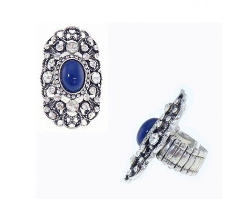 Oval filigree blue ring in antique silver with intricate detailing and elasticated band for comfort.