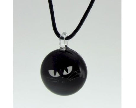 Elegant hand-crafted 2 cm black cat art glass pendant on adjustable cord, perfect for cat lovers and fashion enthusiasts.