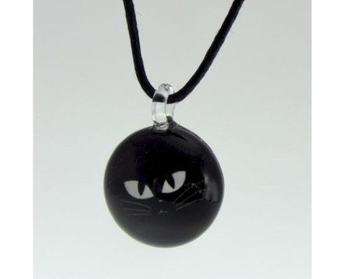 Elegant hand-crafted 2 cm black cat art glass pendant on adjustable cord, perfect for cat lovers and fashion enthusiasts.