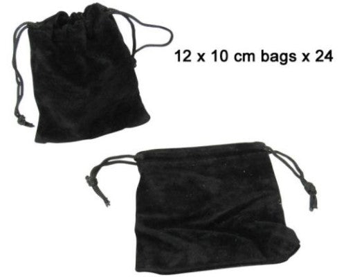 Pack of 24 elegant black velvet gift bags, perfect for jewelry and small gifts, 12 x 10 cm, with drawstring closure.