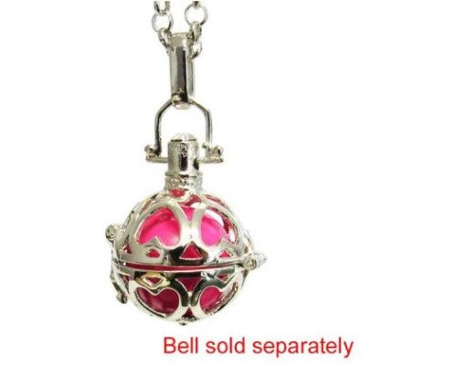 Rhodium-plated heart locket necklace with 80cm chain, designed to hold a keepsake or ball bell for positive energy.