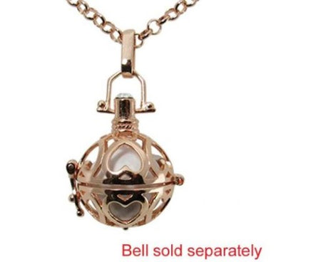 Rose gold heart locket pendant with intricate design and 80cm adjustable chain, perfect for holding a sound ball bell.