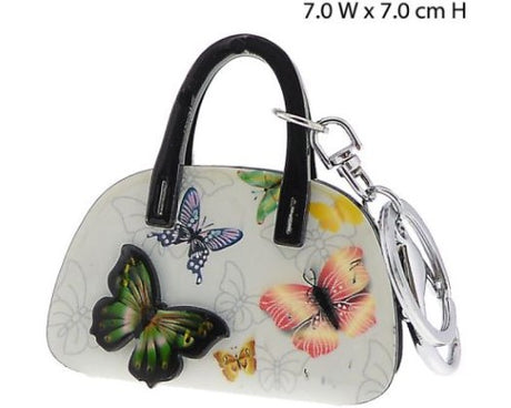 Grey butterfly design key ring handbag, stylish 3D acrylic, 7cm, perfect for keys and fashion-forward outings.