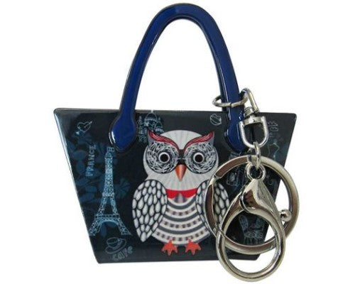 Chic blue owl keyring, 7.5cm W x 8.0cm H, adds Parisian charm and whimsy to your handbag or backpack.
