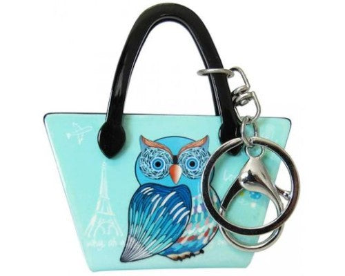 Whimsical green owl keyring, 7.5cm W x 8.0cm H, perfect for handbags, combining style and functionality.