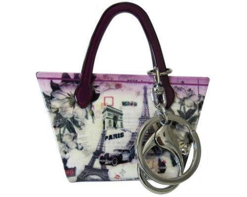 Charming Paris floral handbag keyring, 7.5cm W x 8.0cm H, crafted from high-quality acrylic for style and functionality.