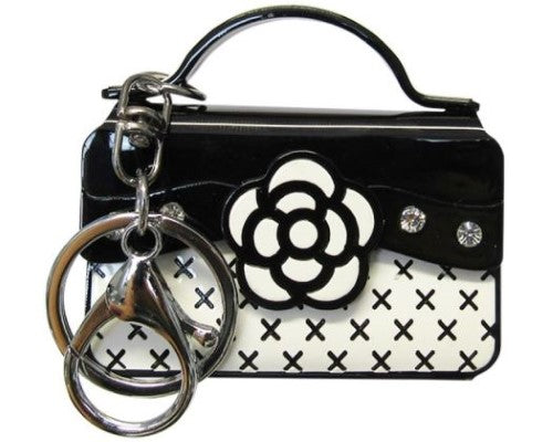 Chic black and white acrylic handbag keyring, 6.5cm W x 6cm H, stylish accessory perfect for bags and keys.