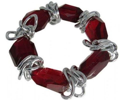 Elegant bracelet featuring large deep red stones linked with stylish decorative chains, perfect for any occasion.