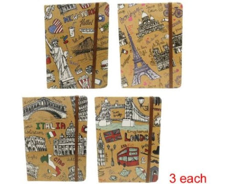 Set of 12 lined travel notebooks with elastic closures, perfect for jotting down adventures and memories on the go.