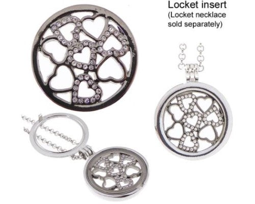 Gunmetal locket insert shaped like hearts, embellished with sparkling diamantes, perfect for personalizing your jewelry.