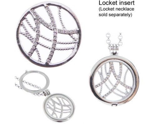 Rhodium-plated locket insert with diamante embellishments, 31mm diameter, perfect for customizing your locket collection.