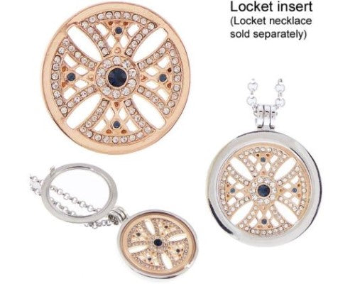 Rose gold locket insert featuring a Maltese Cross design with clear and blue diamante stones, 31mm in diameter.