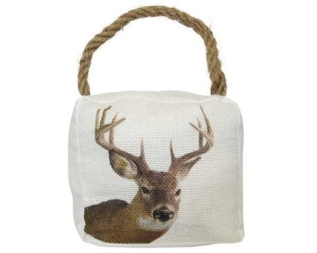 Rustic Stag'N Rope Doorstop in woven fabric, perfect for hunting decor, measuring 14x12cm and weighing 850g.