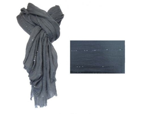 Charcoal scarf with sequins, lightweight and stylish, measures 180x85 cm, featuring frayed edges for a contemporary look.