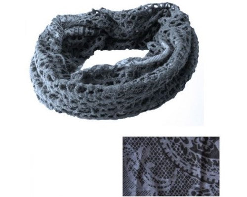 Reversible Grey/Charcoal snood with macrame and snake print, offering warmth and style for any occasion.