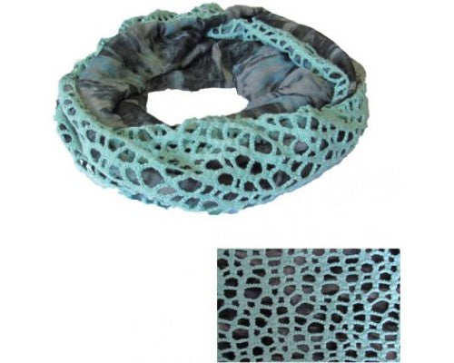 Reversible aqua/grey snood featuring macrame and tie-dye designs, made of soft polyester for warmth and style.