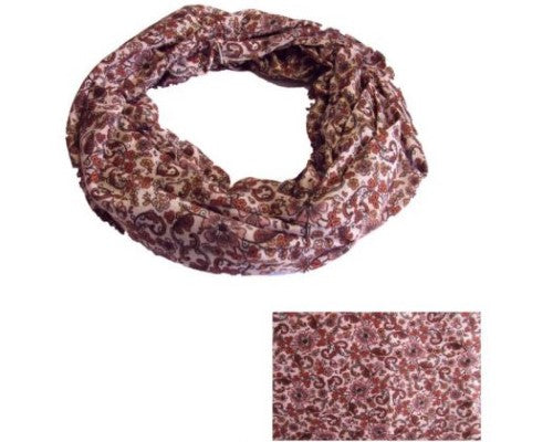 Floral coffee snood in warm hues with hints of pink, versatile for scarves, headbands, and face coverings.