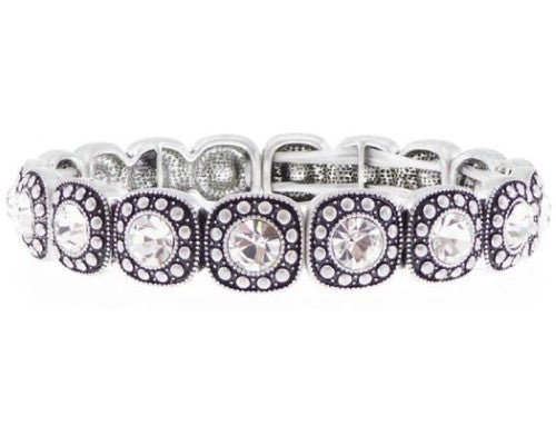 Antique silver bracelet with square designs and clear crystals, elasticated for a comfortable fit, perfect for any occasion.