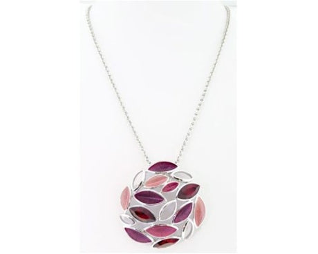 Round pendant necklace with burgundy and pink leaves, embellished with crystals, on a 46cm chain.