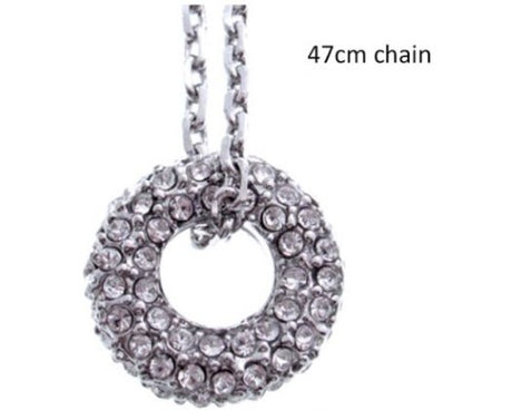 Silver-plated necklace featuring a dazzling crystal circle pendant on a 46cm chain, perfect for layering or as a statement piece.