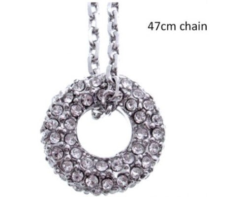 Silver-plated necklace featuring a dazzling crystal circle pendant on a 46cm chain, perfect for layering or as a statement piece.