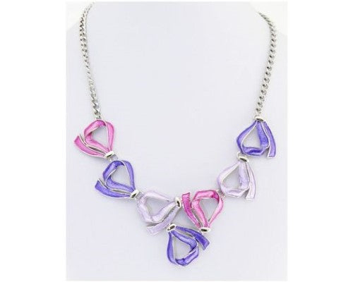 Vibrant fuchsia necklace featuring intertwining light and dark purple ribbons, adjustable up to 46cm for versatile styling.