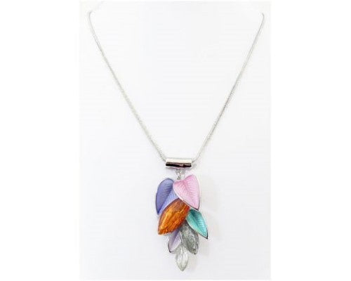Multi-coloured enamel and resin necklace featuring intricately designed leaf motifs, perfect for elevating any outfit.