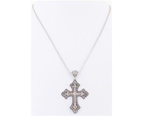 Antique silver cross necklace with sparkling diamante stones, perfect for everyday elegance and special occasions.