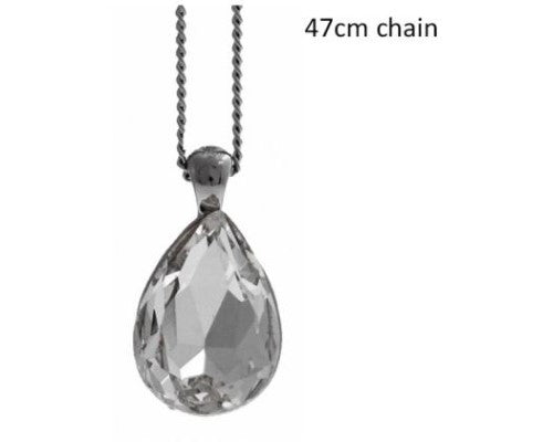 Elegant Pear Drop Crystal Necklace featuring a 1.5cm teardrop CZ pendant on a 47cm silver-plated chain.