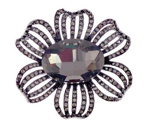 Gunmetal Flower Brooch featuring a black diamond center crystal and delicate crystal petals, 5.5 cm in diameter.