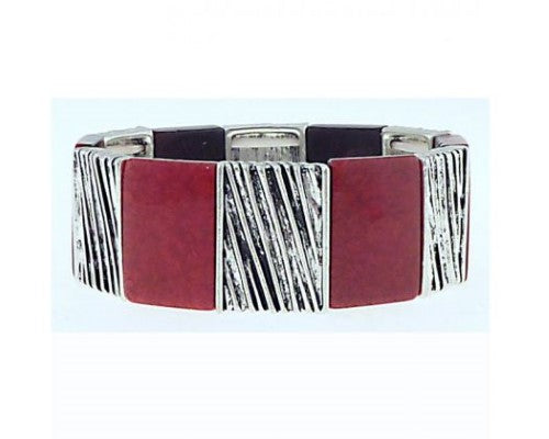Antique silver bracelet with crossed design and red rectangle accents, elasticated for comfort and style.