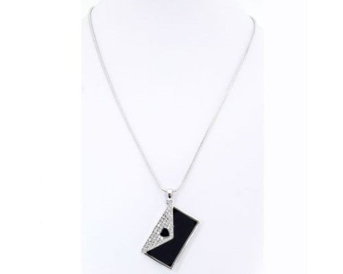 Black Enamel Purse Necklace with sparkling diamante flap, 48cm length, perfect for layering or solo wear.