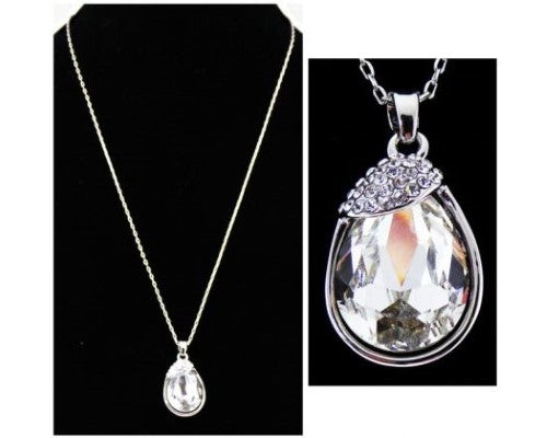 Stunning silver necklace featuring a 2.5cm crystal teardrop pendant and a shimmering diamante bale.