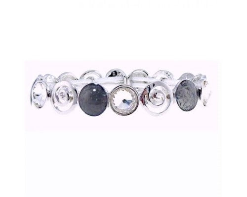 Elegant grey and crystal bracelet with silver pinwheels, featuring an elasticated design for comfortable wear.