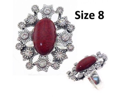Stunning size 8 red ant silver ring featuring a large oval dark red resin center with a sparkling diamante surround.