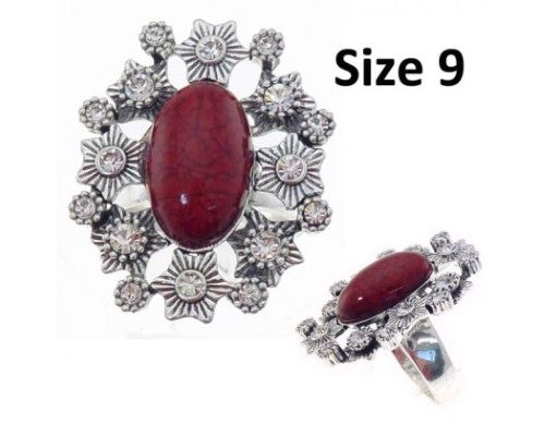 Stunning red ring with large oval dark red resin center and sparkling diamante embellishment, size 9.