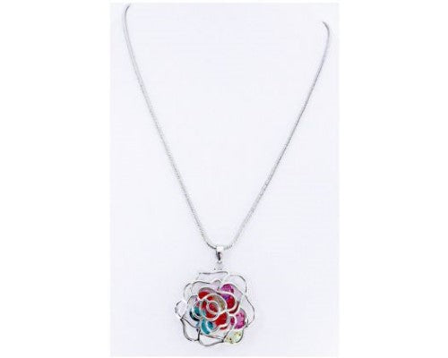 Silver lace rose necklace adorned with multi-coloured crystals, measuring 48cm for versatile styling.