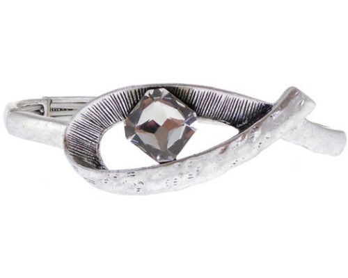 Antique silver loop bracelet with textured design and central square diamante; elasticated for a comfortable fit.
