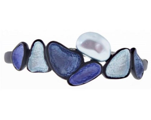 Elegant gunmetal bracelet featuring enamelled and pearlised blues, perfect for casual or formal wear.