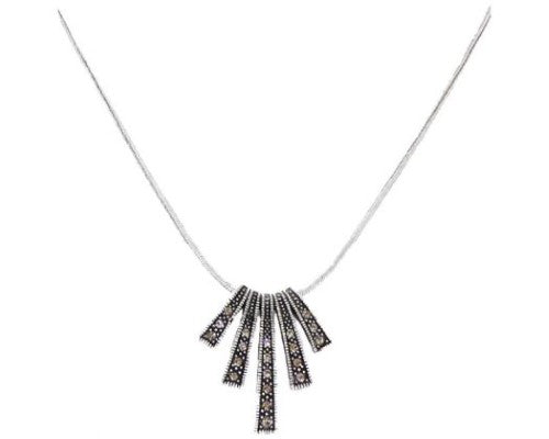 Elegant Marcasite Fan Necklace featuring sparkling Black Diamante accents, perfect for any occasion.