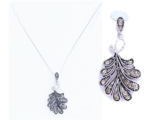 Elegant Marcasite Leaves Necklace with a 4 cm pendant on a 46 cm chain, showcasing nature-inspired design and sparkle.