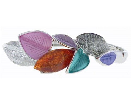 Multicoloured enamel and resin bracelet featuring elegant leaf motifs, perfect for nature lovers and stylish occasions.