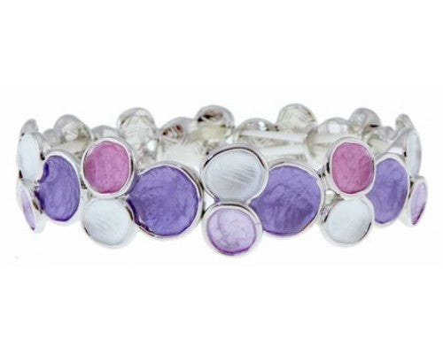 Elegant elastic bracelet featuring white and purple circles, perfect for any occasion or personal style statement.