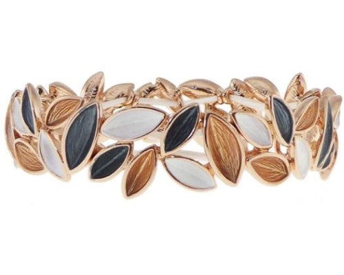 Rose gold elasticated bracelet with elegant leaves and white & grey enamel accents, perfect for any occasion.