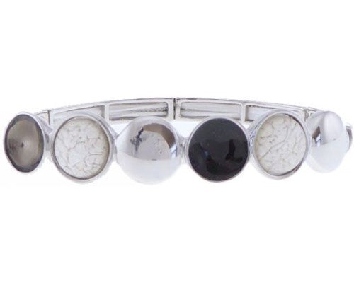 Elegant Black/White Resin Circles Bracelet with elasticated fit, perfect for versatile styling on any occasion.