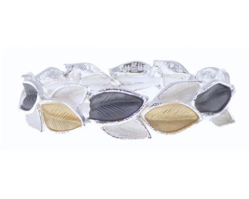 Elegant leaf design bracelet in shiny silver, matte gold, and grey; versatile and comfortable for everyday wear.