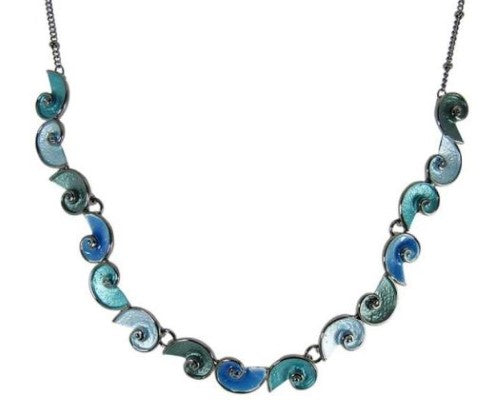 Seashell necklace in vibrant blue, showcasing ocean-inspired craftsmanship and adjustable chain for a perfect fit.